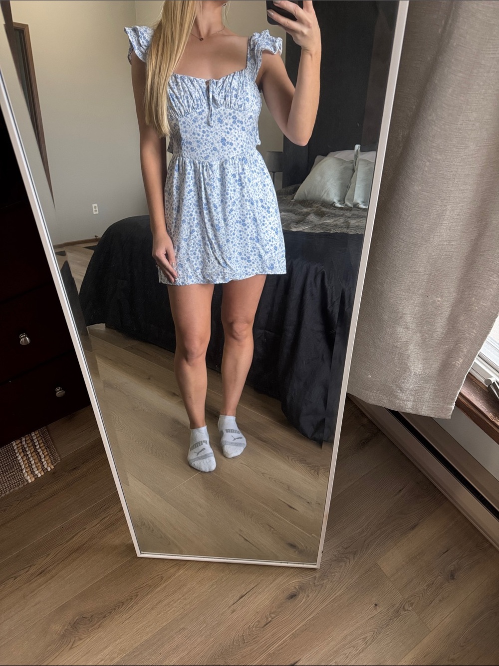 Light Blue Floral Square-Neck Mini Dress